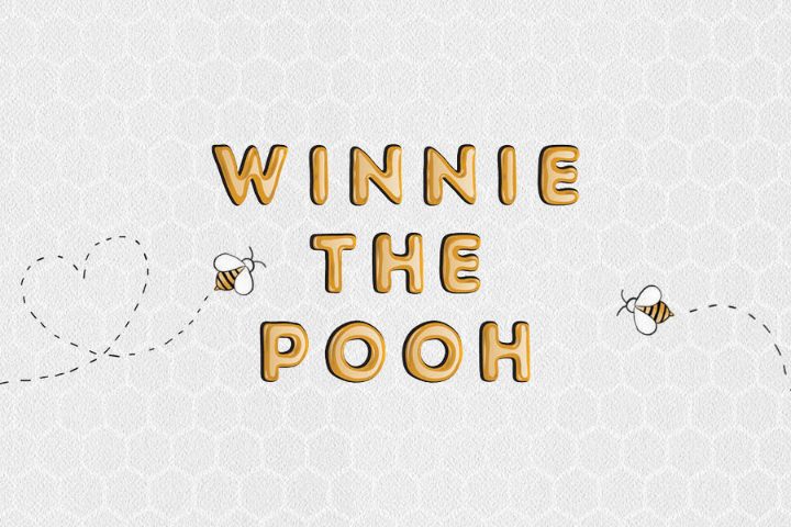Text "Winnie the Pooh" in honey-colored letters with two cartoon bees and dotted flight paths on a subtle honeycomb background.