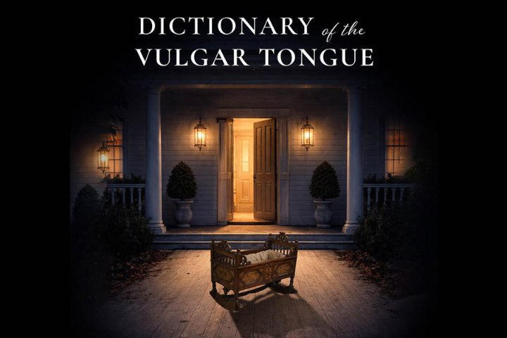 A wooden bassinet sits on the walkway outside a lit front porch at night, with the text "Dictionary of the Vulgar Tongue" above.