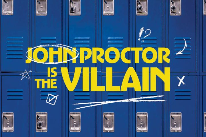Blue school lockers with the text "John Proctor is the Villain" in large yellow letters, accented by white doodles of stars, arrows, and punctuation marks.
