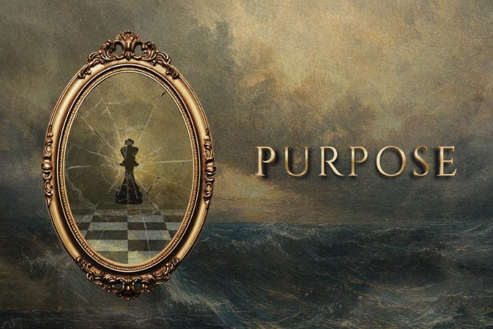 A framed, cracked mirror reflecting a silhouetted person on a chessboard stands against a stormy seascape, with "PURPOSE" beside it.