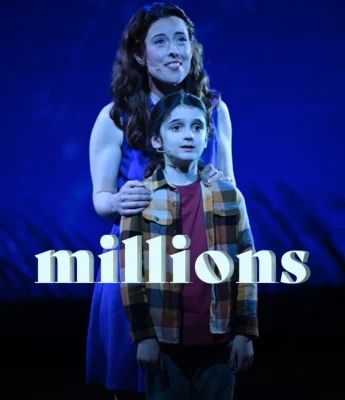 An adult and child stand together on stage with a blue background; the words "Dinosaur Stream" and "millions" appear in large white letters across the image.