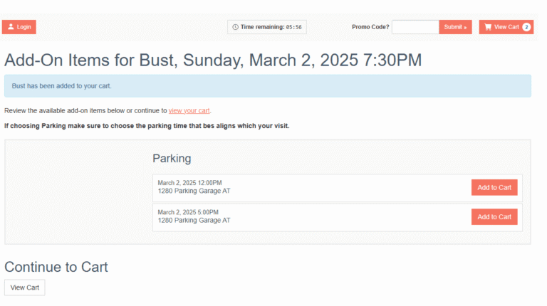 Screenshot of an online checkout page displaying Digital Tickets and parking add-on options for an event on March 2, 2025, at 7:30 PM, with buttons to add parking times to the cart.