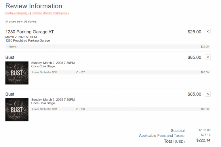 Order summary includes parking for $25 and two Digital Tickets to "Bust" at Coca-Cola Stage for $85 each, plus fees and taxes of $27.14, totaling $222.14.