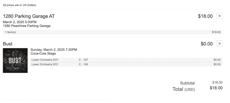Order summary with Digital Tickets: one paid parking pass for $18 and two free event tickets for "Bust" on March 2, 2025; subtotal and total amount due is $18.