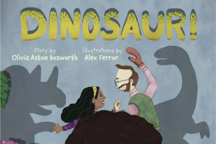 A man and a girl make dinosaur shadow puppets on a wall, with the title "DINOSAUR!" above them and credits for story and illustrations.