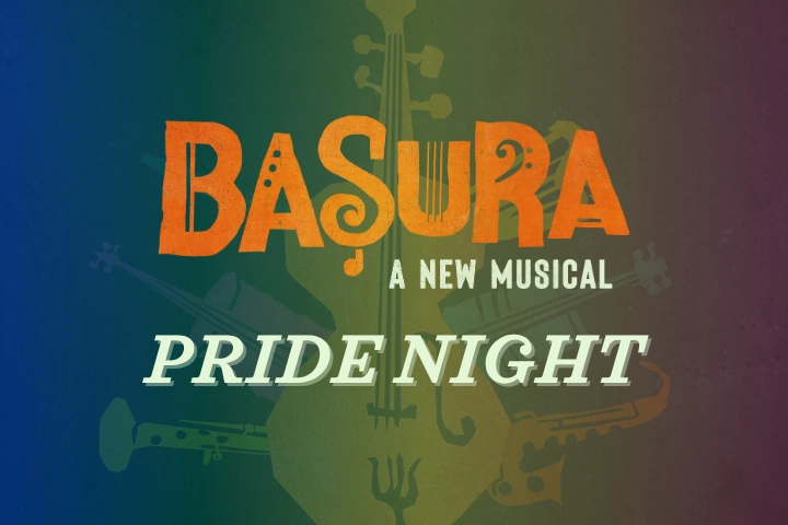 Poster for “Basura: A New Musical” with “Pride Night” written below, featuring outlines of musical instruments on a rainbow gradient background.