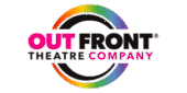 Out Front Theatre Company logo with rainbow-colored semicircles surrounding bold black and pink text on a light gray background, celebrating Pride Night Basura.