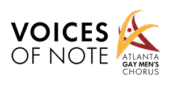 The image features the text "Voices of Note Atlanta Gay Men's Chorus" alongside a red and yellow abstract logo with two stylized human figures, evoking the celebratory spirit of Pride Night Basura.