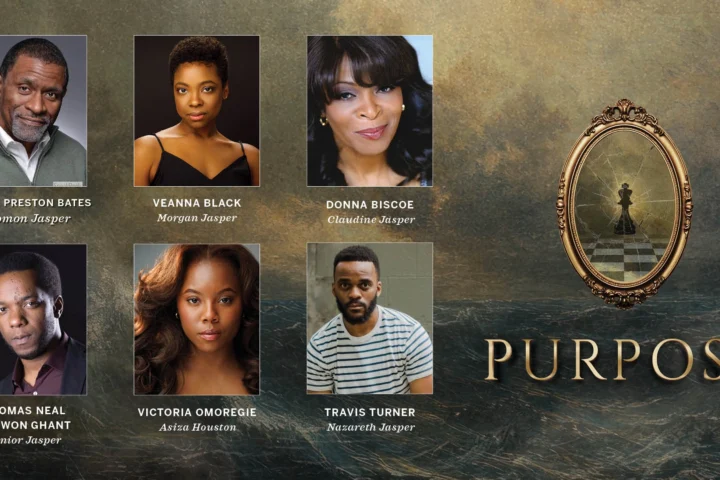 Announcing the Cast of Purpose: Six actor headshots are arranged in two rows next to an ornate mirror with a chess piece and the word "PURPOSE" on a textured background.