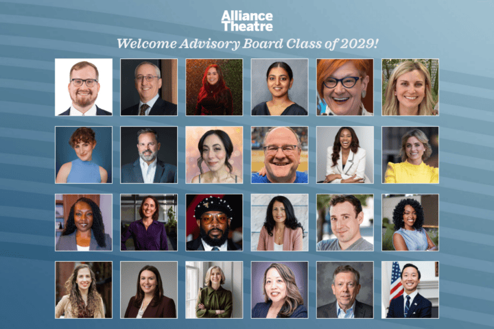 A grid of 24 headshots features the Alliance Theatre Advisory Board Class of 2029, with “Welcome Advisory Board Class of 2029!” written at the top.