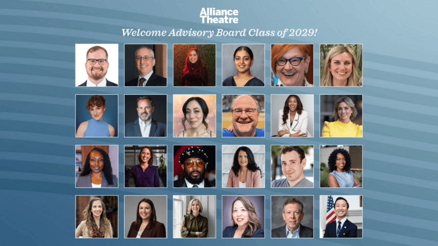 A grid of 24 headshots features the Alliance Theatre Advisory Board Class of 2029, with “Welcome Advisory Board Class of 2029!” written at the top.