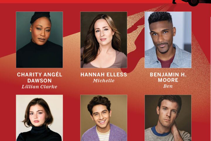 Announcing the Cast of Like Father: Six actors’ headshots are arranged in two rows, with names and character names listed below each photo. The display appears under the bold title “LIKE FATHER,” set against a striking red background featuring a silhouette of a van and person.