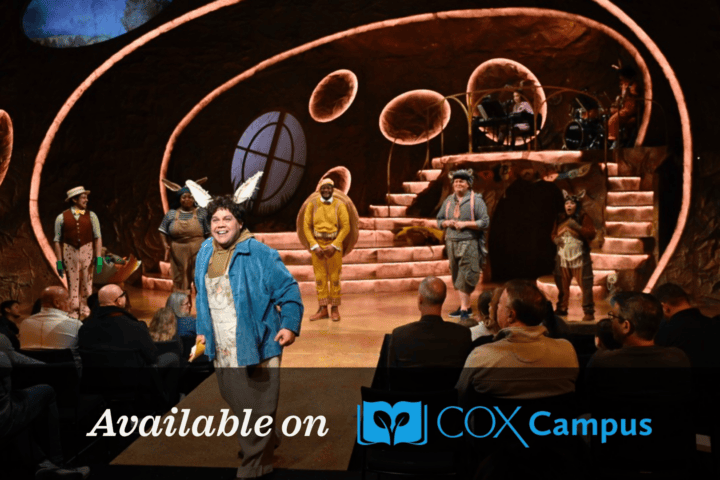 Actors in animal costumes perform on stage before an audience; overlay text reads “Available on COX Campus” with logo.
