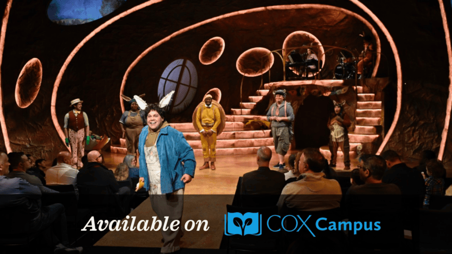 Actors in animal costumes perform on stage before an audience; overlay text reads “Available on COX Campus” with logo.