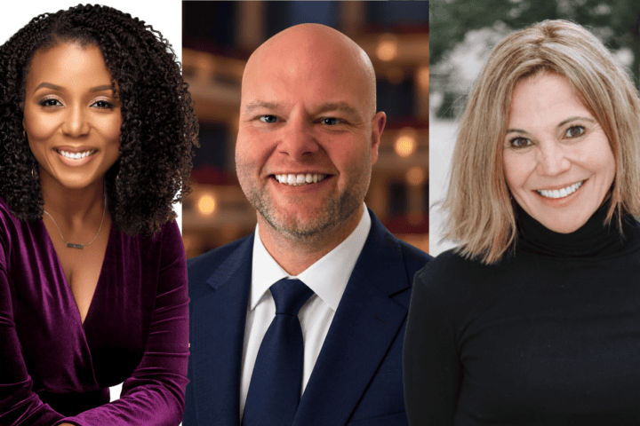 Three smiling people shown in headshots: a woman with dark curly hair in a purple top, a bald man in a suit and tie, and a woman with shoulder-length blonde hair in a black turtleneck.