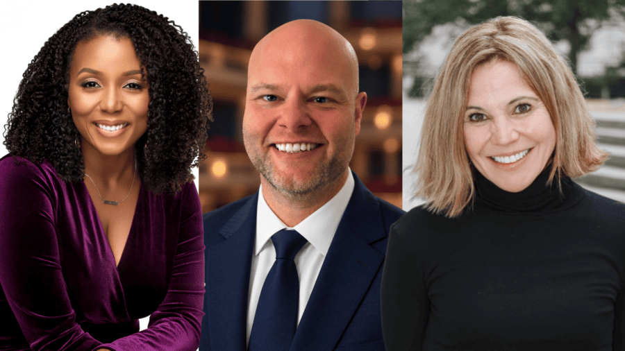 Three smiling people shown in headshots: a woman with dark curly hair in a purple top, a bald man in a suit and tie, and a woman with shoulder-length blonde hair in a black turtleneck.