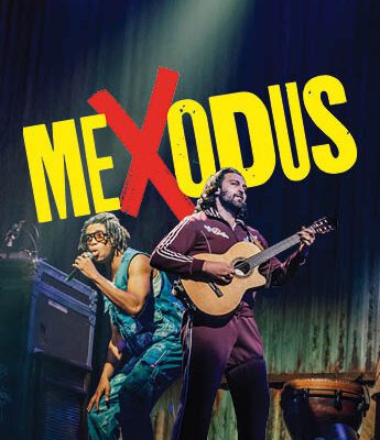 Two performers on stage, one singing into a microphone, the other playing guitar. The word “MEXODUS” appears in bold yellow letters with a large red X.