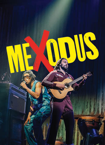 Two performers on stage, one singing into a microphone, the other playing guitar. The word “MEXODUS” appears in bold yellow letters with a large red X.